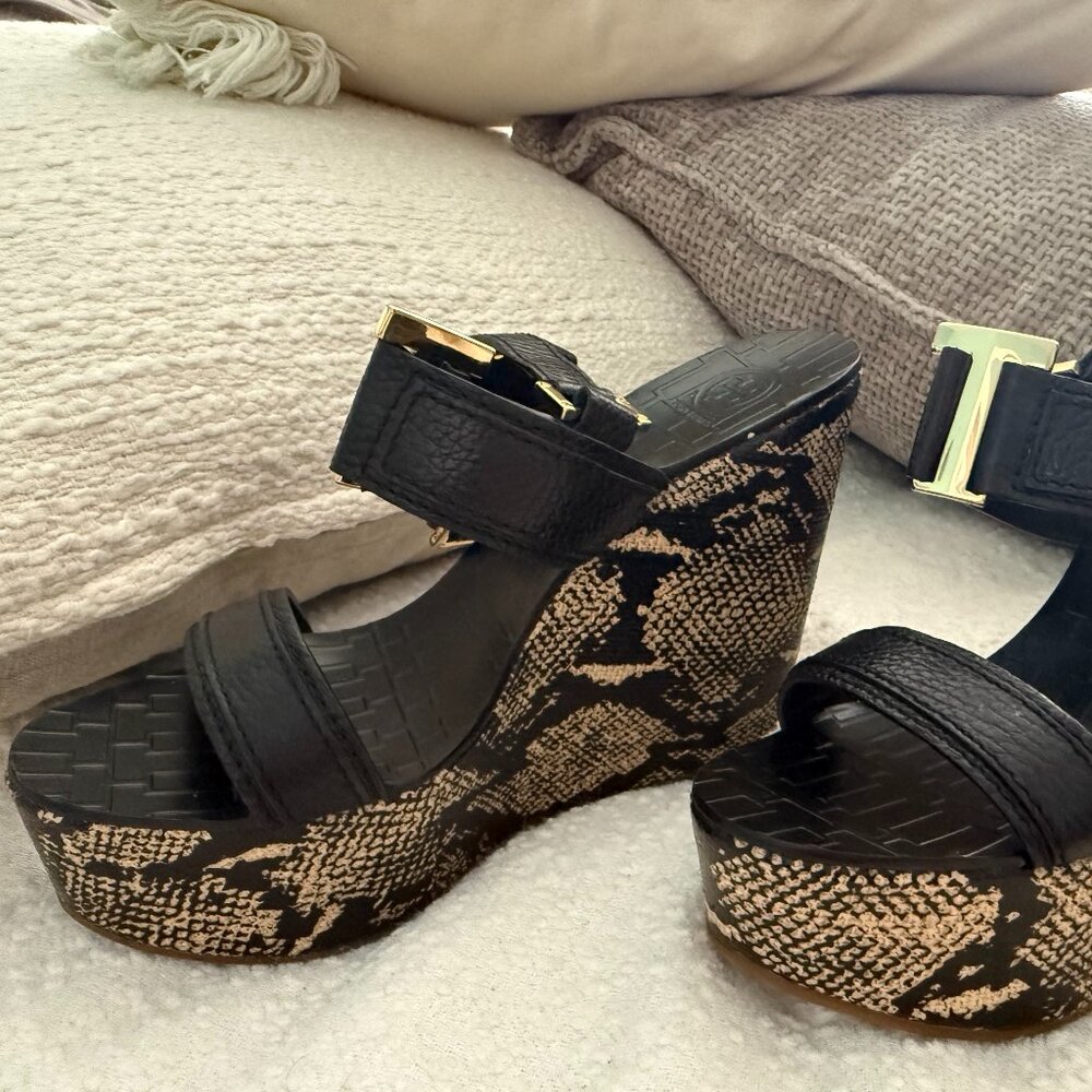 Tory Burch Black Snakeskin Wedges